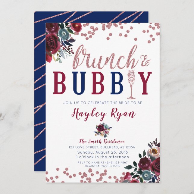 Brunch & Bubbly Rose Gold Burgundy Navy Champagne Invitation (Front/Back)