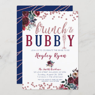Brunch & Bubbly Rose Gold Burgundy Navy Champagne Invitation
