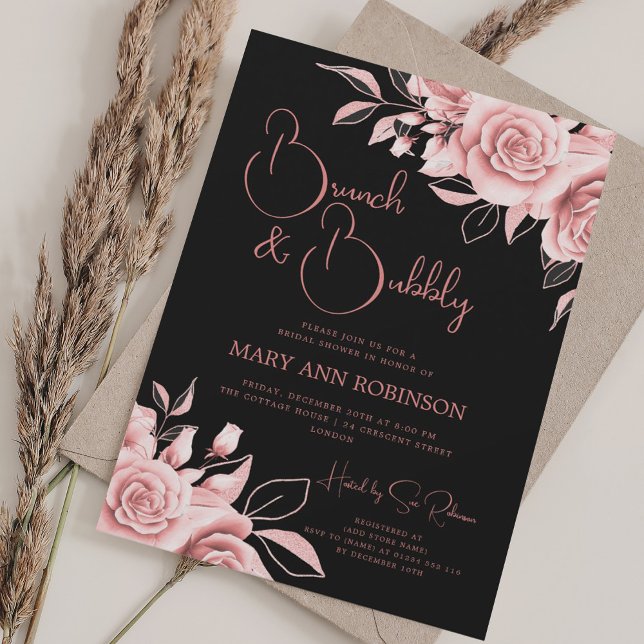 BRUNCH BUBBLY Rose Gold Floral Bridal Shower Black Invitation (BRUNCH BUBBLY Rose Gold Floral Bridal Shower Black Invitation)