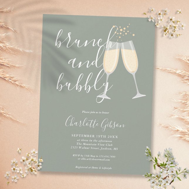 Brunch Bubbly Script Bridal Shower Sage Green Invitation (Brunch Bubbly Script Bridal Shower Sage Green Invitation)