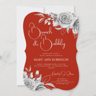 BRUNCH & BUBBLY Silver Floral Bridal Shower Red Invitation