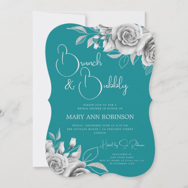 BRUNCH & BUBBLY Silver Floral Bridal Shower Teal  Invitation (Front)