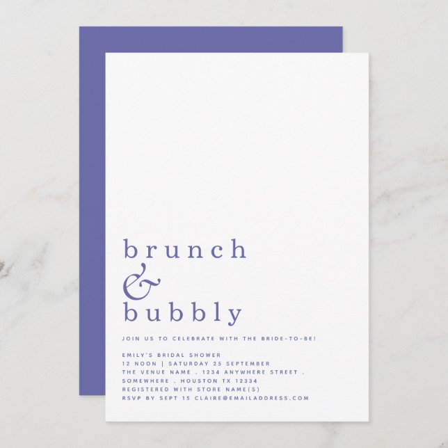 Brunch Bubbly Simple Blue Bridal Shower Invitation (Front/Back)