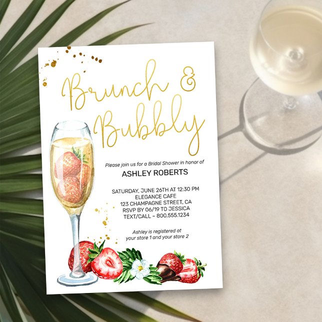 Brunch Bubbly Strawberries Champagne Bridal Shower Invitation (Champagne & Strawberries Brunch and Bubbly Bridal Shower Invitation)