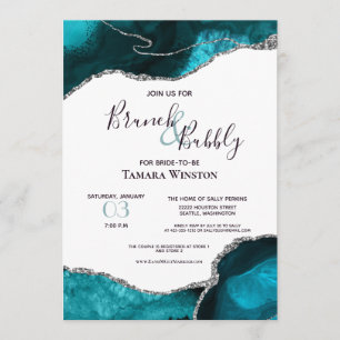 Brunch Bubbly Teal Silver Glitter Agate Shower Invitation