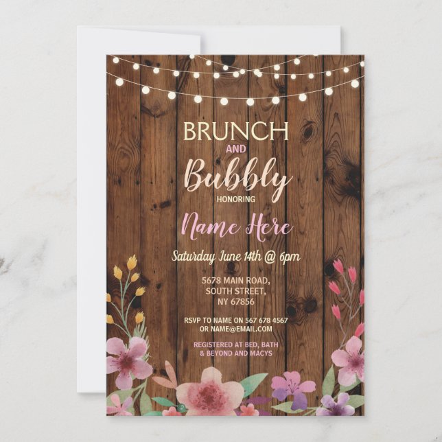 Brunch & Bubbly Vintage Flower Bridal Shower Wood Invitation (Front)