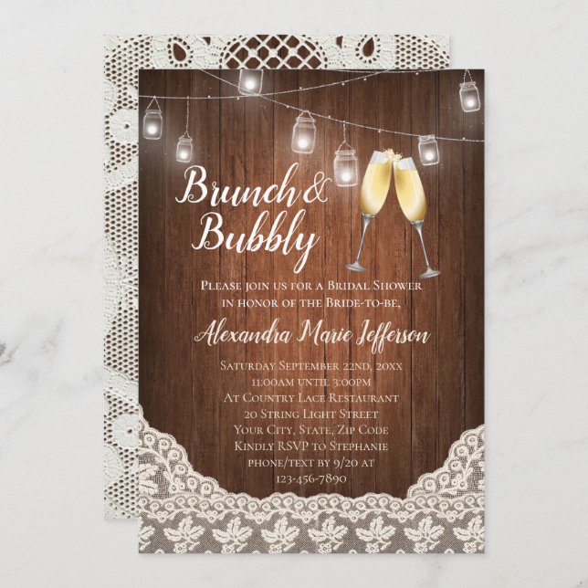 Brunch Bubbly Vintage String Lights Bridal Shower Invitation (Front/Back)