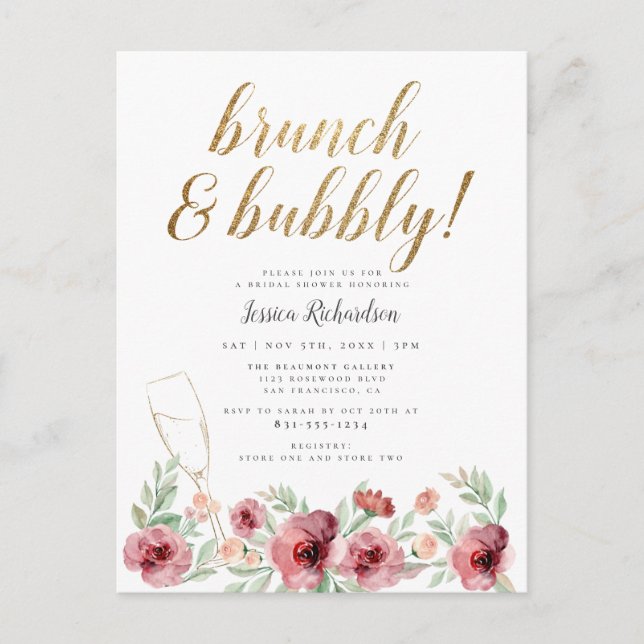 Brunch & Bubbly | Watercolor Floral Bridal Shower Invitation Postcard (Front)