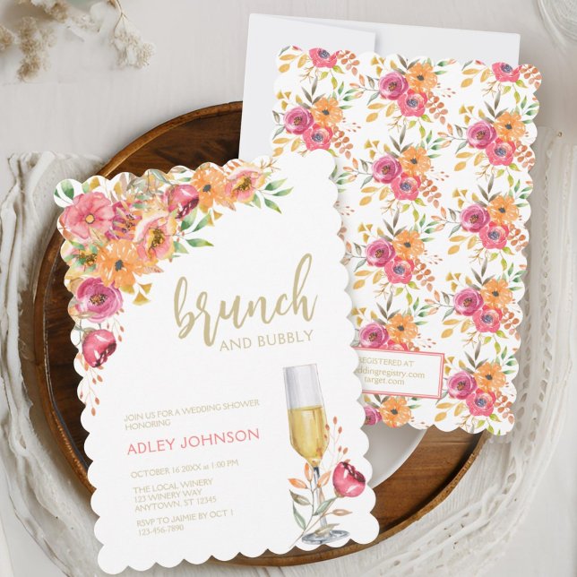 Brunch Bubbly Watercolor Floral Fall Bridal Shower Invitation (Creator Uploaded)