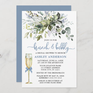 Brunch Bubbly Watercolor Greenery Dusty Blue Glass Invitation