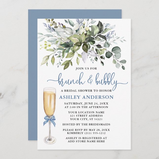 Brunch Bubbly Watercolor Greenery Dusty Blue Invitation (Front/Back)