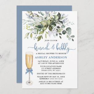 Brunch Bubbly Watercolor Greenery Dusty Blue Invitation