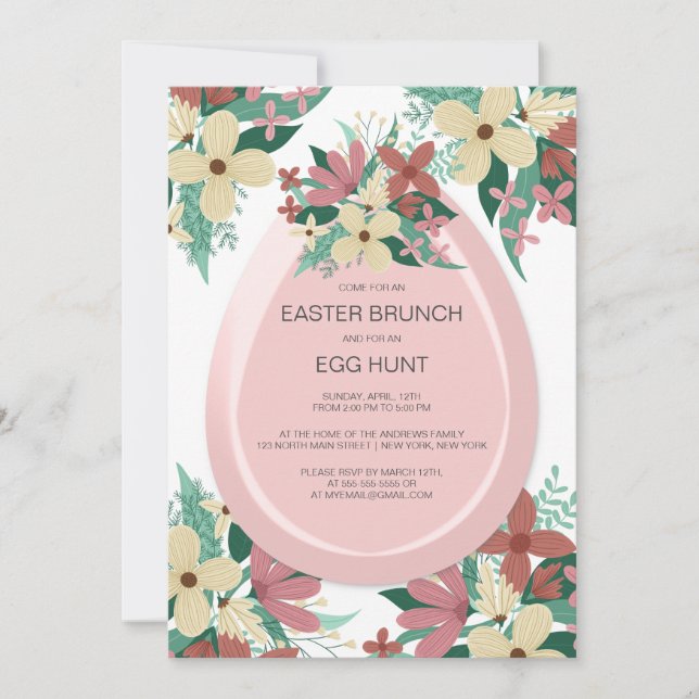 Brunch Egg Hunt Pink Floral Illustration Easter Invitation (Front)