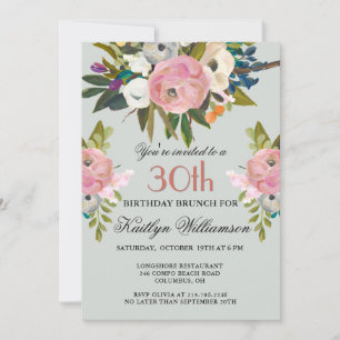 Brunch Elegant Handpainted Floral 30th Birthday  Invitation