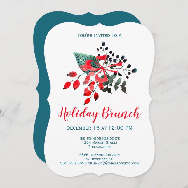 Brunch Event Winter Florals & Berries Red and Teal Invitation (Front/Back)