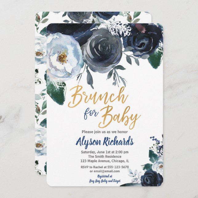 Brunch for baby boy shower invitations peony blue (Front/Back)