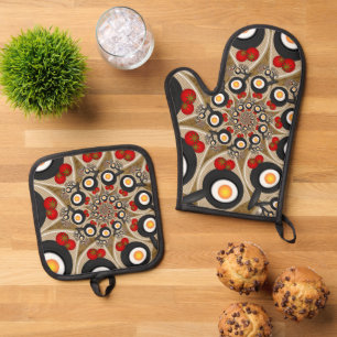 Brunch Fractal Art Funny Food, Tomatoes, Eggs Oven Mitt & Pot Holder Set
