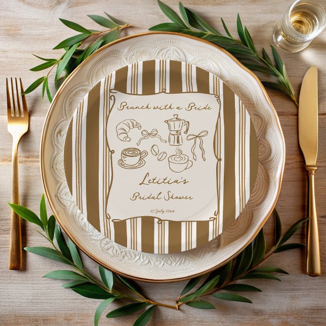Brunch with bride retro coffee bridal shower paper plate (Brunch with bride vintage brown retro stripes hand drawn coffee bridal shower custom paper plates)