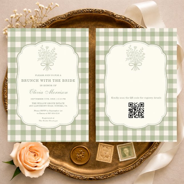 Brunch with the Bride Gingham QR Code Shower  Invitation (Creator Uploaded)