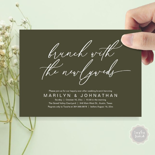 Brunch With The Newlyweds, Post Wedding Celebrate Invitation (Brunch With The Newlyweds, Romantic Modern Post Wedding Celebrate Invitation Card PDF Olive Green)