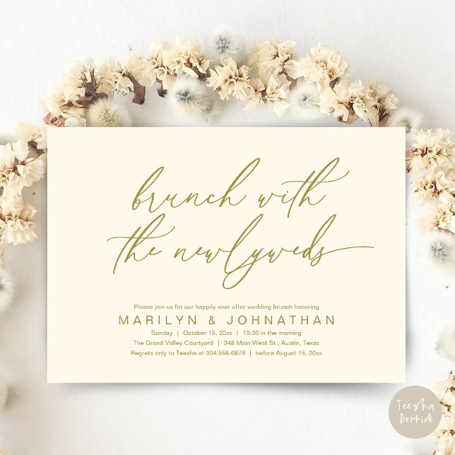 Brunch With The Newlyweds, Post Wedding Celebrate Invitation (Brunch With The Newlyweds, Romantic Modern Post Wedding Celebrate Invitation Card PDF Yellow Gold)