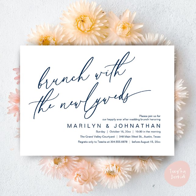 Brunch With The Newlyweds, Post Wedding Celebrate Invitation (Brunch With The Newlyweds, Romantic Modern Post Wedding Celebrate Invitation Card PDF navy Blue)