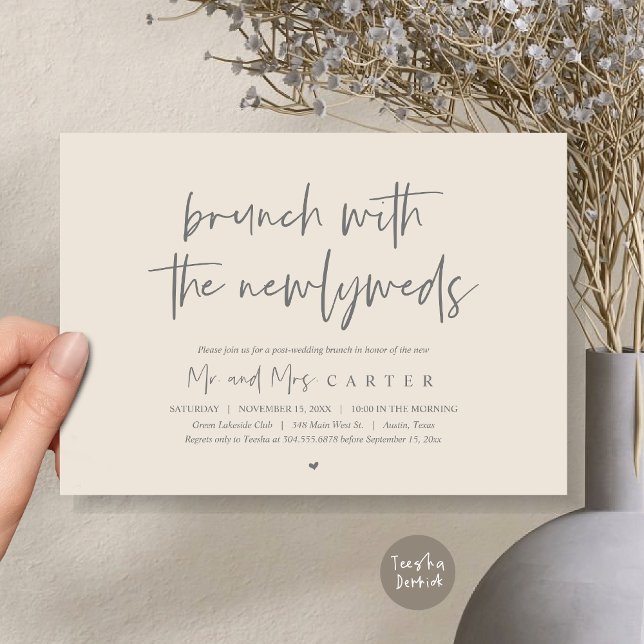 Brunch with the newlyweds, post wedding Grey Cream Invitation (Brunch with the newlyweds, post wedding elopement invitation card, pdf, in cream and grey)