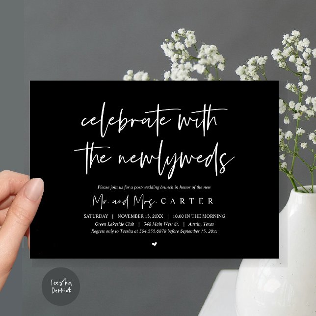 Brunch with the newlyweds, post wedding invitation (Celebrate with the newlyweds, Wedding Brunch Invitation Card, PDF, in Classy Black)