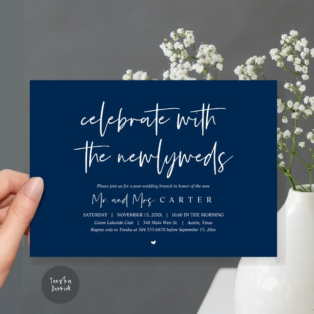Brunch with the newlyweds, post wedding invitation (Celebrate with the newlyweds, Wedding Brunch Invitation Card, PDF, in Navy Blue)