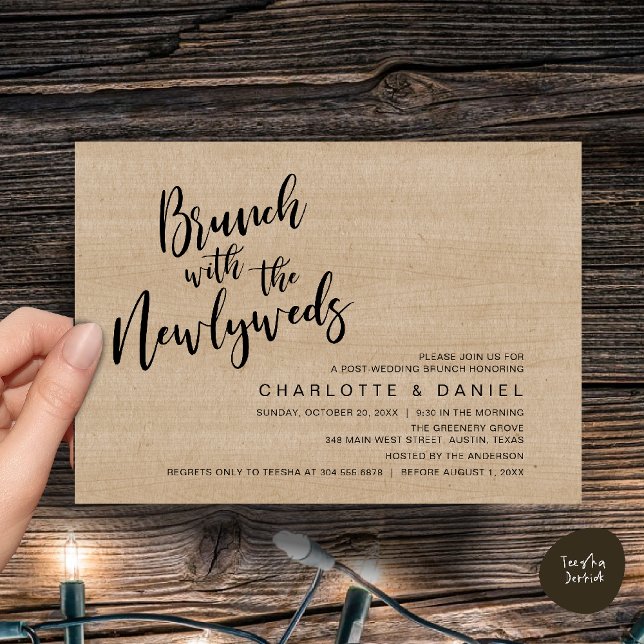 Brunch with the newlyweds, Wedding Elopement Invitation (Brunch with the newlyweds, Post Wedding Elopement Invitation Card PDF Cottage Brown Wood Background)