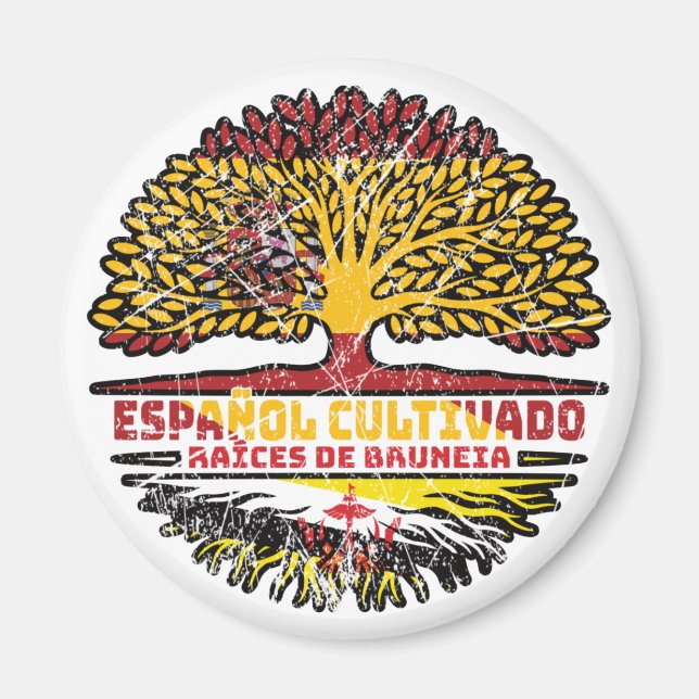 Brunei Bruneian Spanish Spain Tree Roots Flag Magnet (Front)