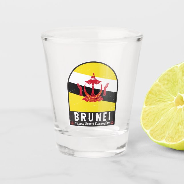 Brunei Flag Emblem Distressed Vintage Shot Glass (Front)