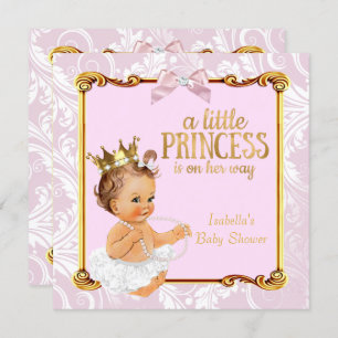 Brunette Baby Princess Baby Shower White Pink Gold Invitation