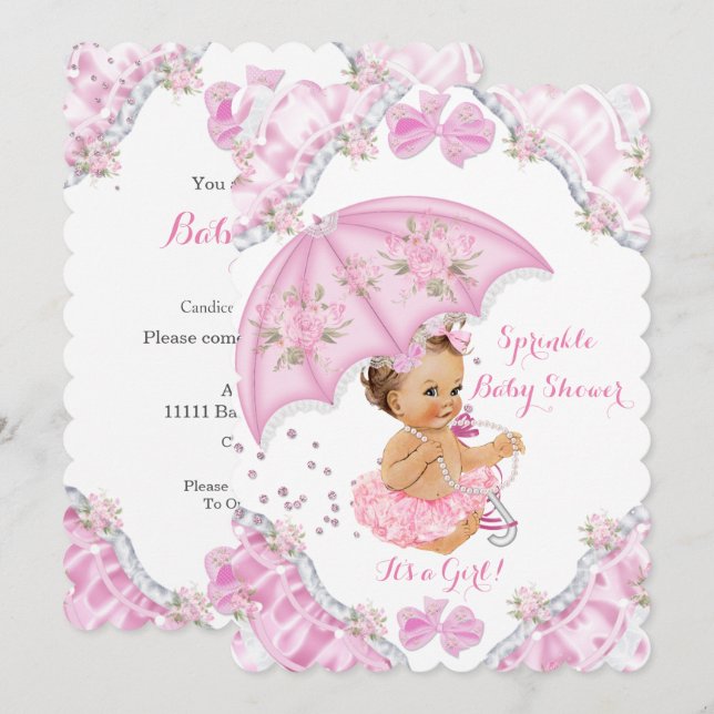 Brunette Baby Shower Pink Umbrella Girl Flowers Invitation (Front/Back)