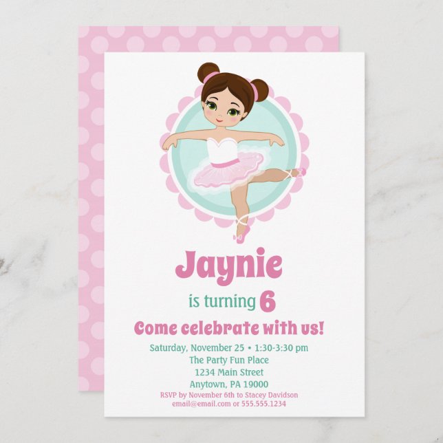 Brunette Ballerina Ballet Dancing Birthday Party Invitation (Front/Back)