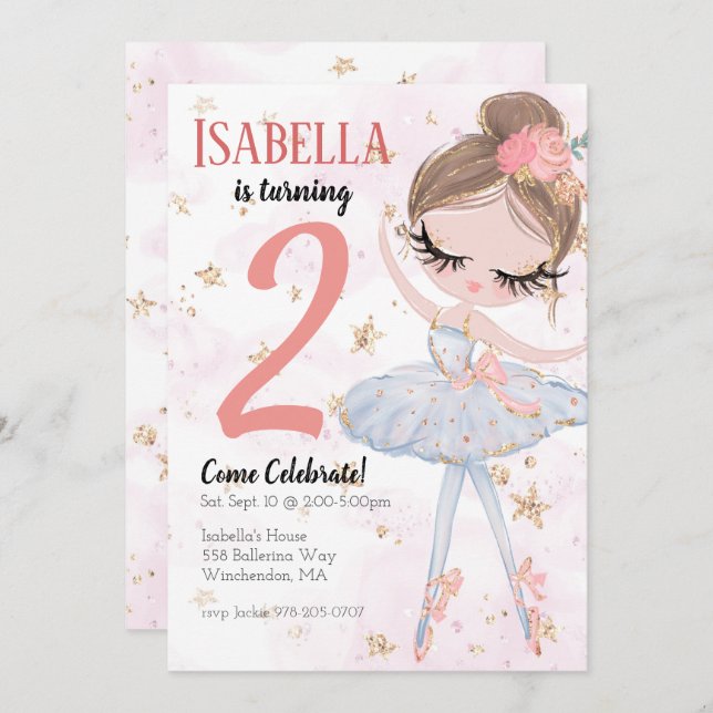 Brunette Ballerina Birthday Party Invitation (Front/Back)