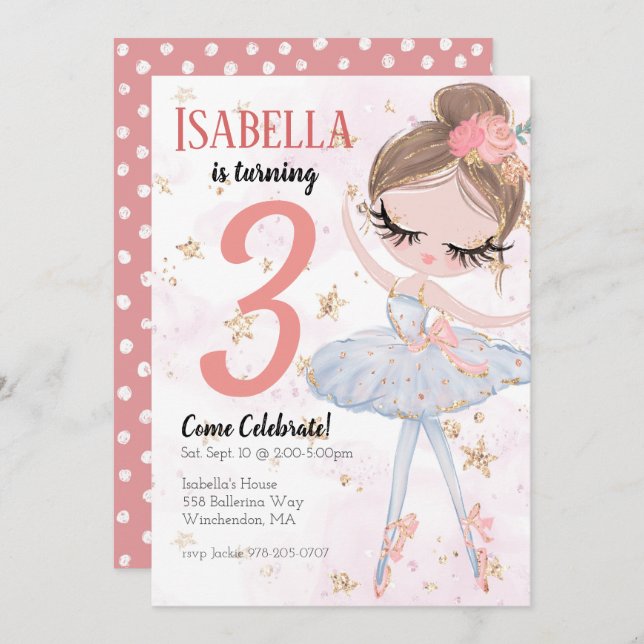 Brunette Ballerina Birthday Party Invitation (Front/Back)