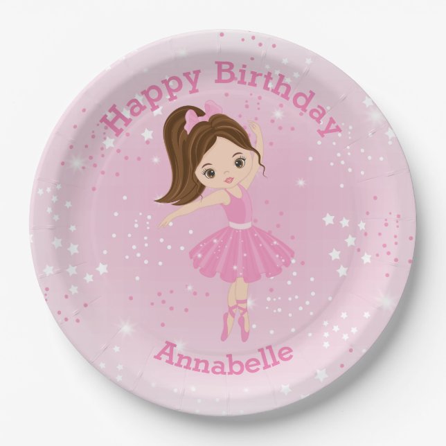Brunette Ballerina Happy Birthday Paper Plate (Front)