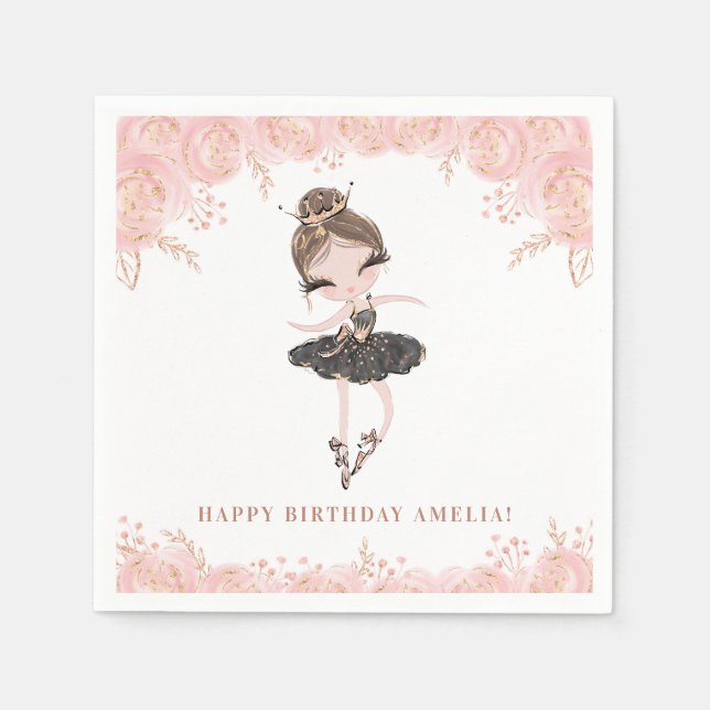 Brunette Ballerina in Black Dress Floral Birthday Napkin (Front)