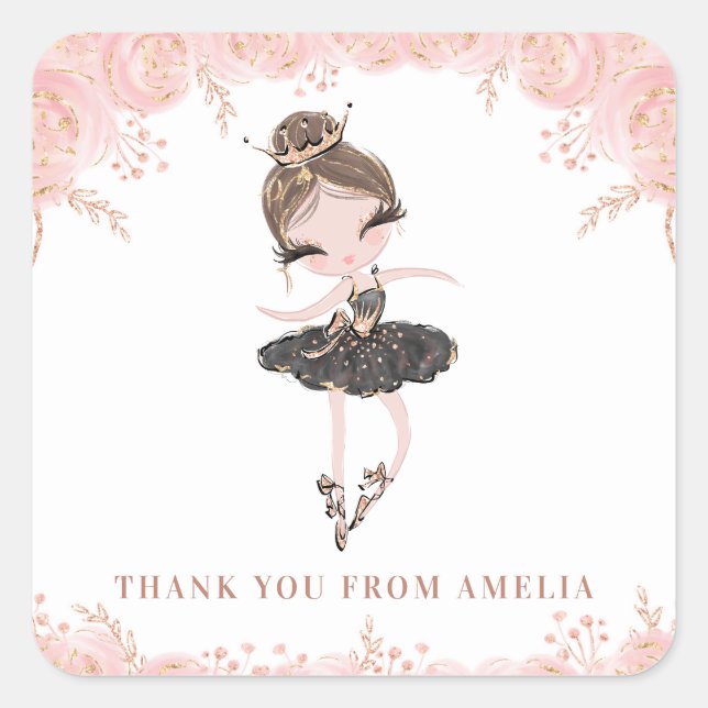 Brunette Ballerina in Black Dress Floral Birthday Square Sticker (Front)