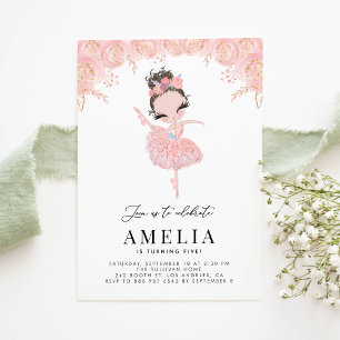 Brunette Ballerina in Pink Dress Floral Birthday Invitation
