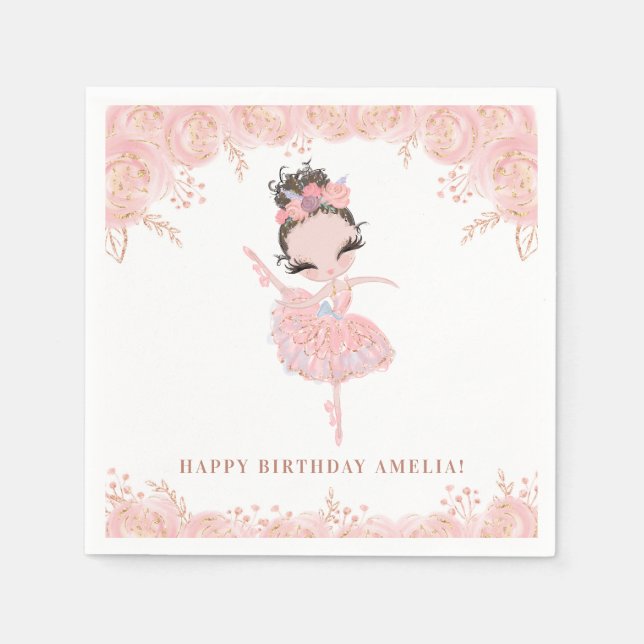 Brunette Ballerina in Pink Dress Floral Birthday Napkin (Front)