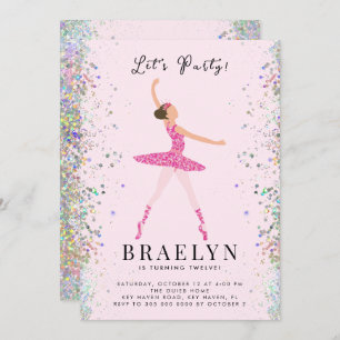 Brunette Ballerina in Pink Glitter Dress Birthday Invitation
