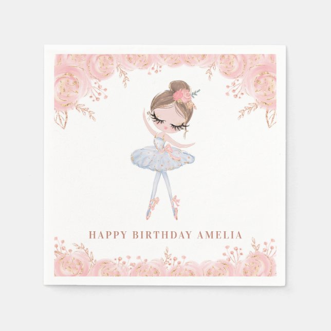 Brunette Ballerina in White Dress Floral Birthday Napkin (Front)