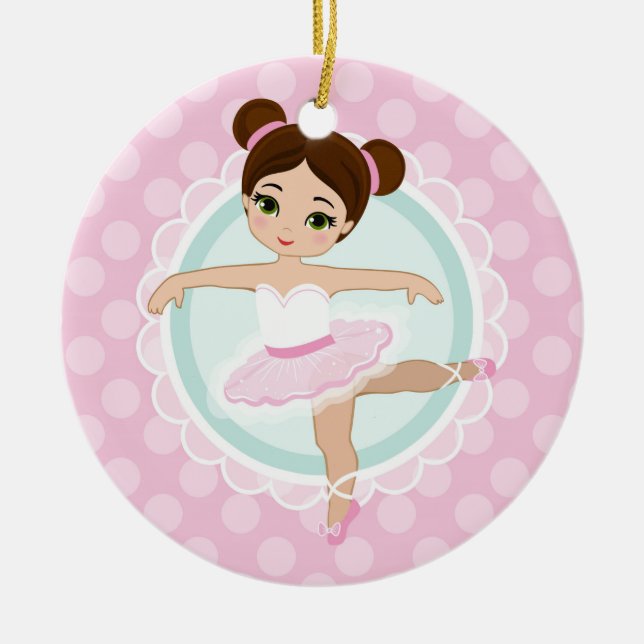 Brunette Ballerina - Pink Ballet Dancer Girl Ceramic Tree Decoration (Front)