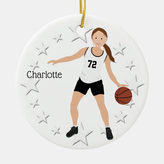 Brunette Basketball Girl In Black And White Ceramic Tree Decoration (Front)