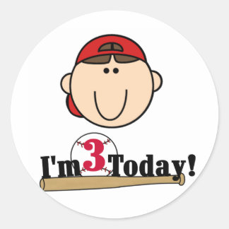 Brunette Boy Baseball 3rd Birthday Tshirts Classic Round Sticker