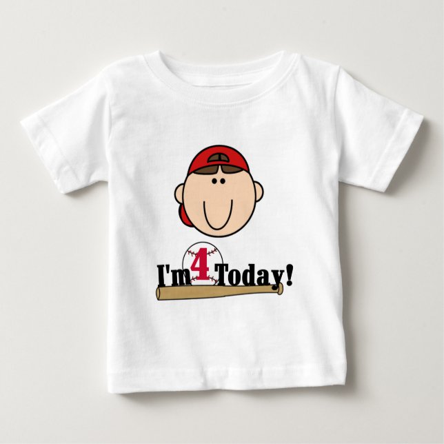 Brunette Boy Baseball 4th Birthday Baby T-Shirt (Front)