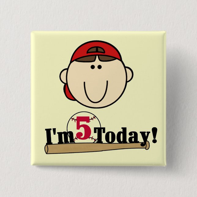 Brunette Boy Baseball 5th Birthday 15 Cm Square Badge (Front)