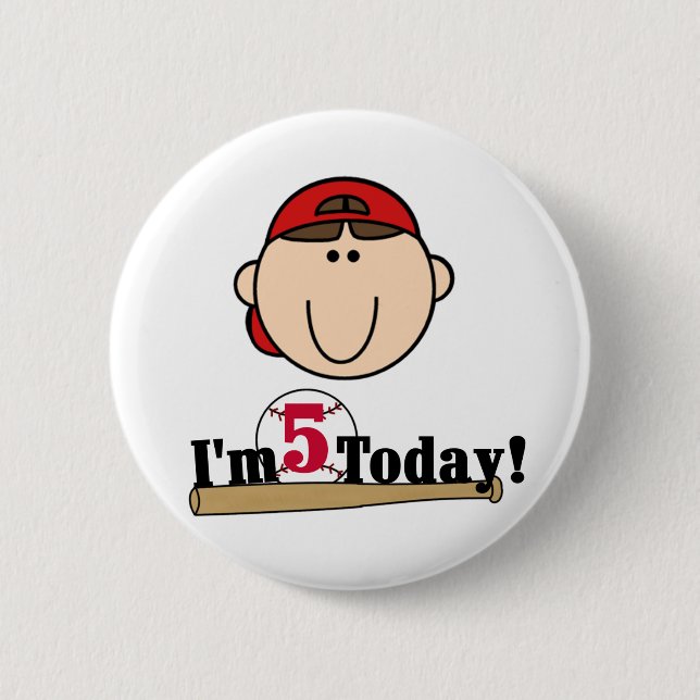 Brunette Boy Baseball 5th Birthday 6 Cm Round Badge (Front)